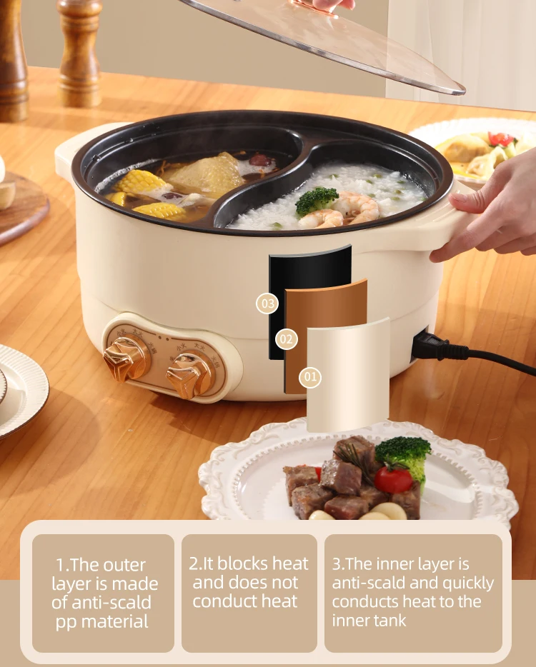 2024 New Design 2 Controller 220v 1600w Fast Working Pottery Crystal Inner Pot Kitchem 2 Compartment Electric Cooker Hot Pot