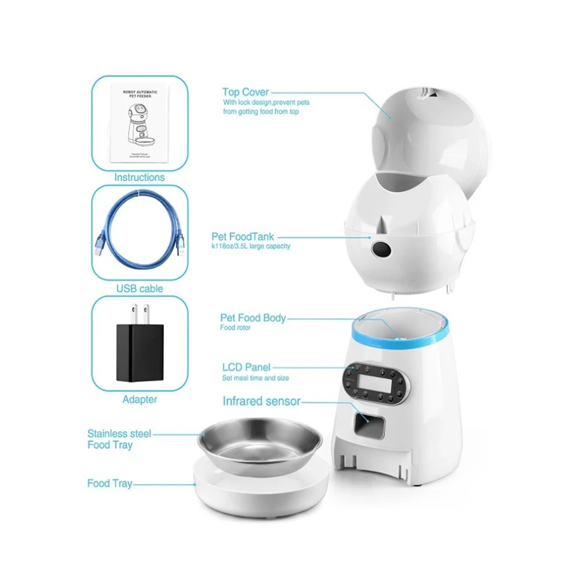 1pc Button Style Robot Automatic Pet Feeder Smart Food Dispenser For Dog  Cat Stainless Steel Bowl Timer Robot Pet Feeding Dispenser 3.5L