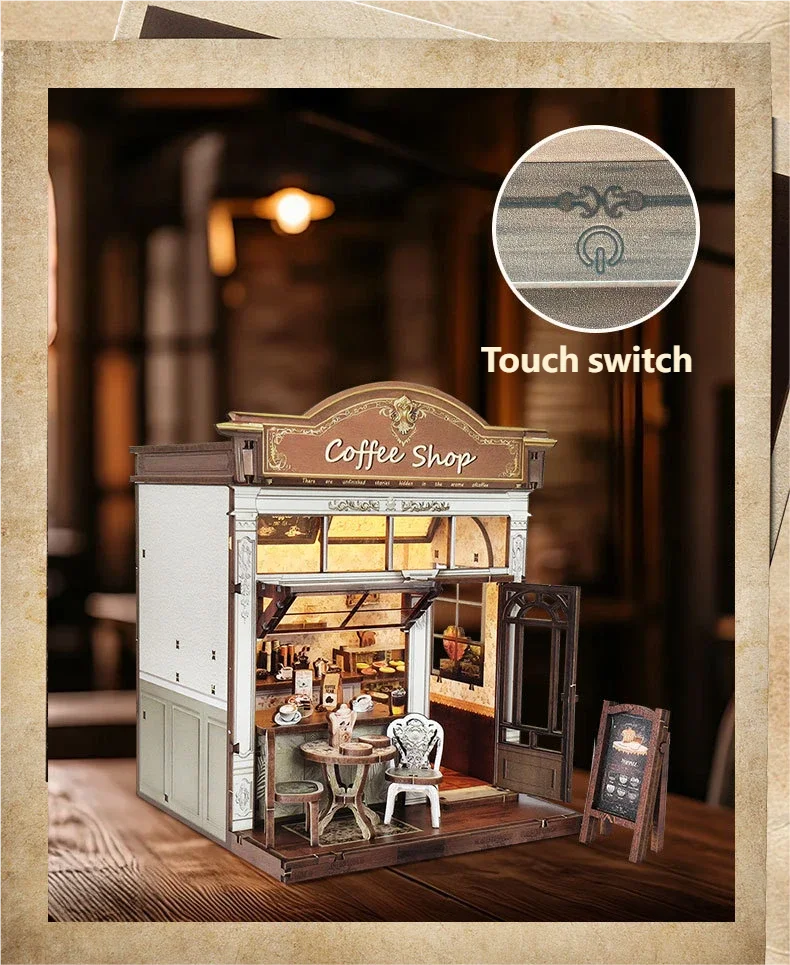 product coffee house doll houses 3d wooden puzzle ce certified eco friendly miniature architecture book nook-2