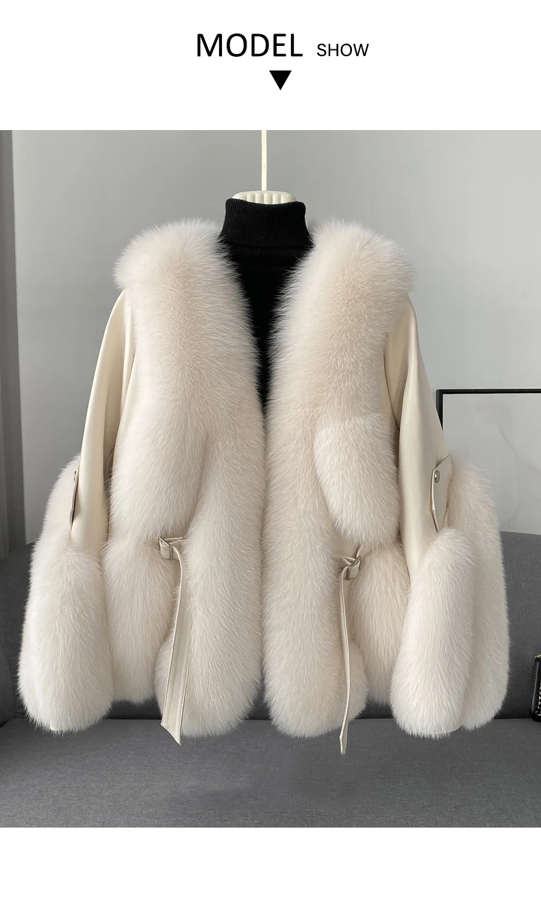 2022 Winter Ladies Real Fox Fur Jacket Genuine Sheep Leather Coat With ...
