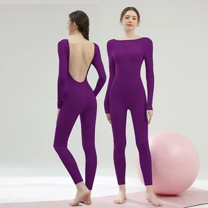 Women's Deep U Backless Long Sleeve Yoga Bodysuit, Slim Fit Sexy Pilates Gym Workout Activewear with Built-in Bra