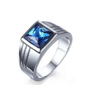 Wholesale In Stock European and American Fashion Jewelry Stainless Steel Blue Crystal Rings Steel Color Men's Rings