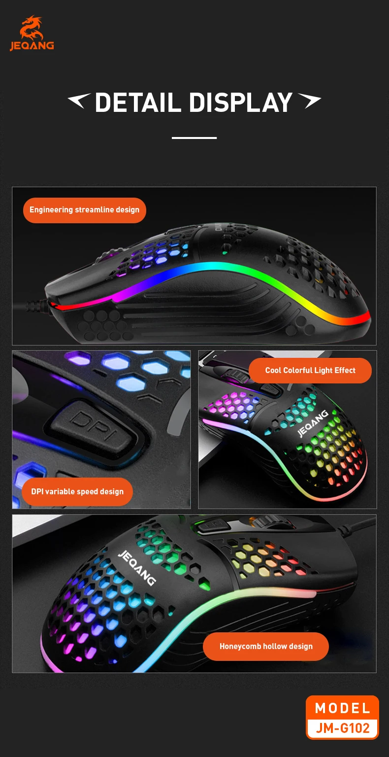 Jeqang RGB Backlit Optical Mouse with 1.5m USB 3D Engraving Roller Cavity Design Mini Gaming Style for Gamers PC Laptops
