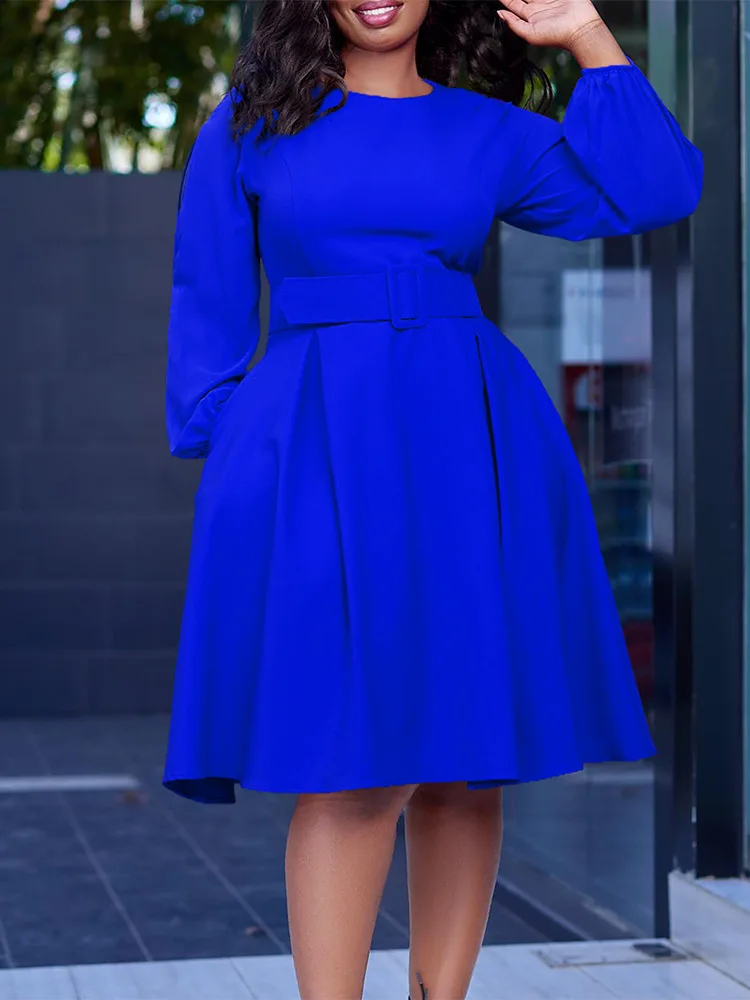 Latest Design African Dresses for Women Clothing O Neck A-line Dresses  Women Lady Elegant Autumn Winter Dress With Belt