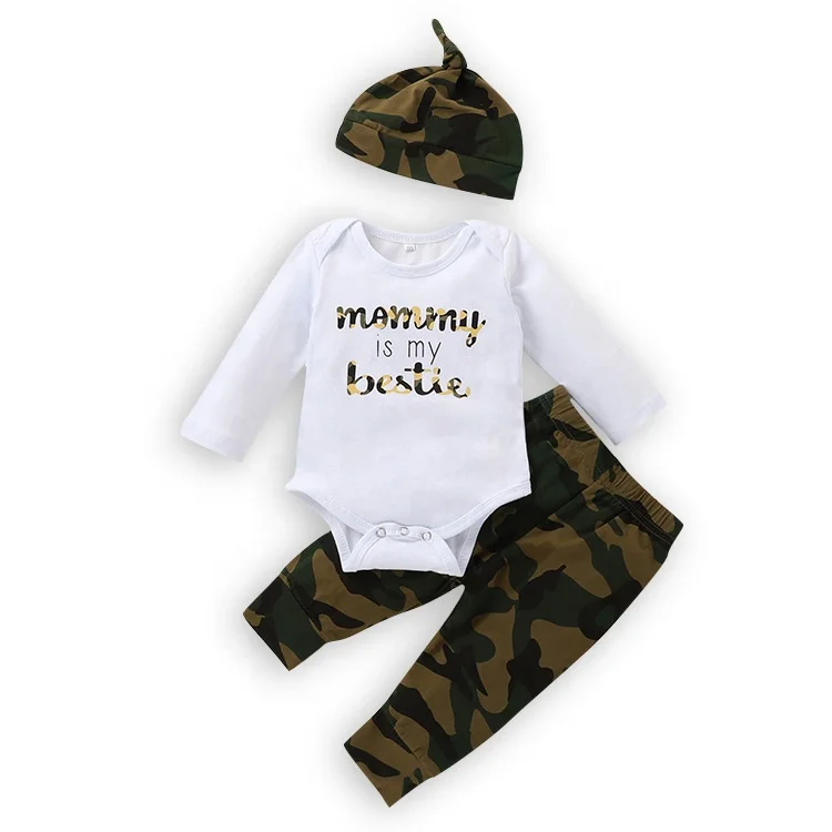 комплекты из футболки с длинными рукавами с камуфляжным принтом для малышей, комбинезон + штаны + шапочка, комплект одежды