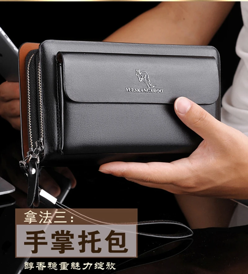 Sac à main en cuir pour hommes, pochette à Double fermeture éclair, porte-cartes de téléphone, porte-monnaie