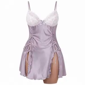 Custom Elegant Women's Nylon Lace Nightgown Sleeveless Floral Print Plus Size Short Nightwear with Front Logo ODM Wholesale