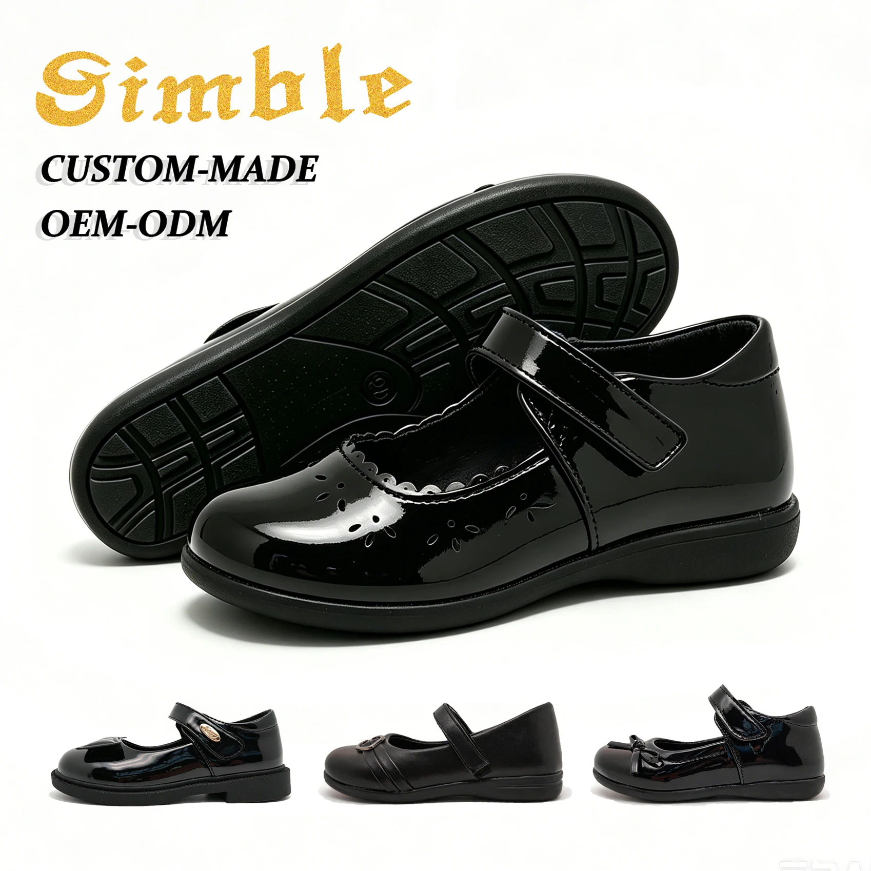 Customized Kids Black School Shoes Manufacturer Comfort Rubber Glossy PU Leather Casual Girls Student Shoes