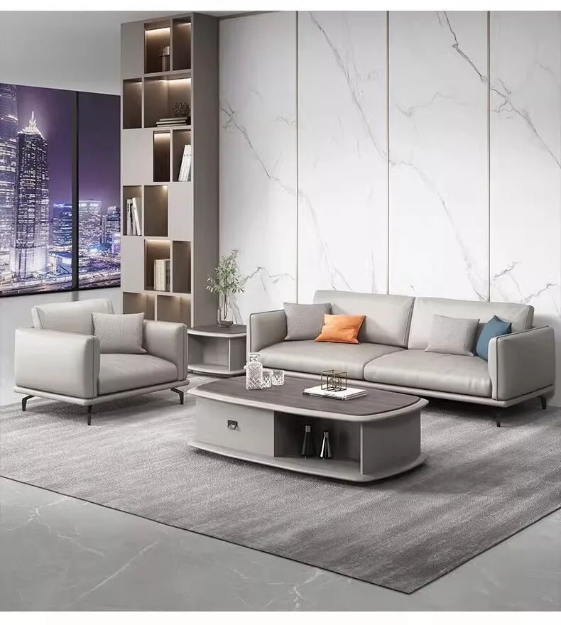 Modern Solid Wood Office Sofa and Coffee Table Combination for Commercial Use in Villa and Business Reception Rooms