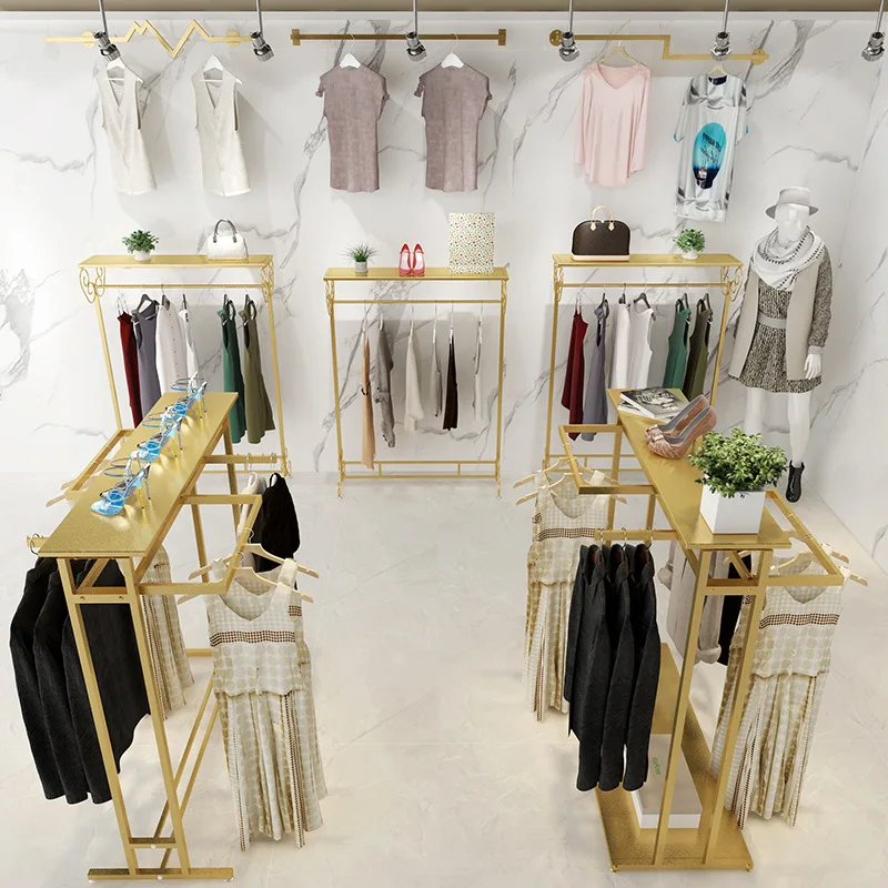 TOP Customized Men's Garment Shop Furniture Decoration Shiny Gold Metal Clothing Display Rack for Clothes Store Interior Design