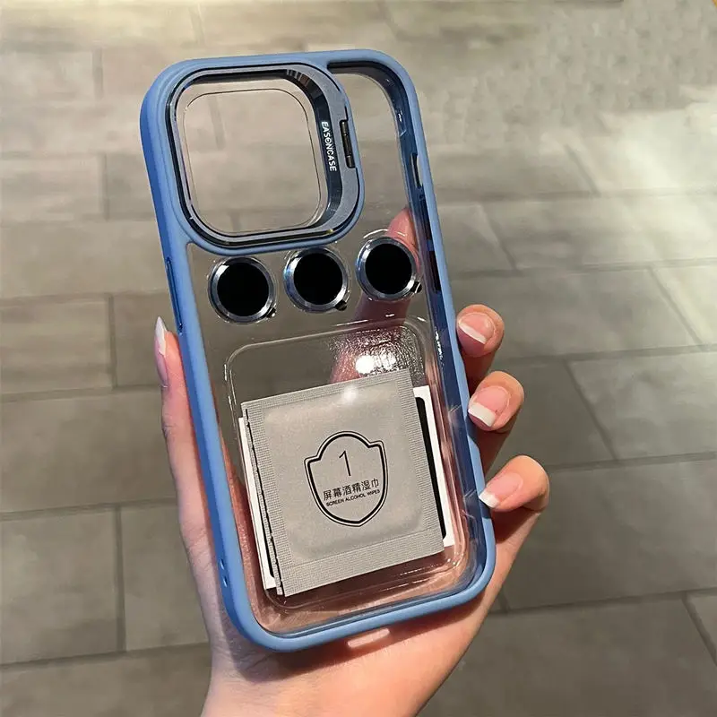 Luxury Metal Invisible Camera Stand Phone Case Clear PC Back Case With Frame Lens Protector Bracket for iPhone 15 14 13 Pro Max