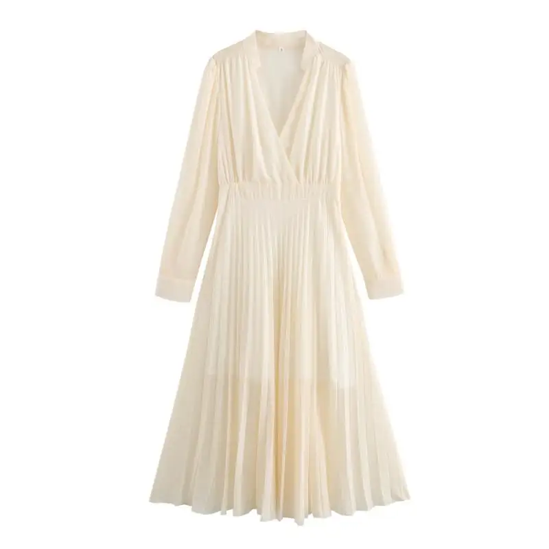 V Neck Long Sleeve Beige Color Pleated Casual Fashion Ladies Midi Dress|  Alibaba.com