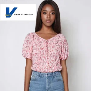 Summer New Floral Pattern Women's French-Style Short-Sleeved Top Slimming Square-Neck Chiffon Shirt Woven