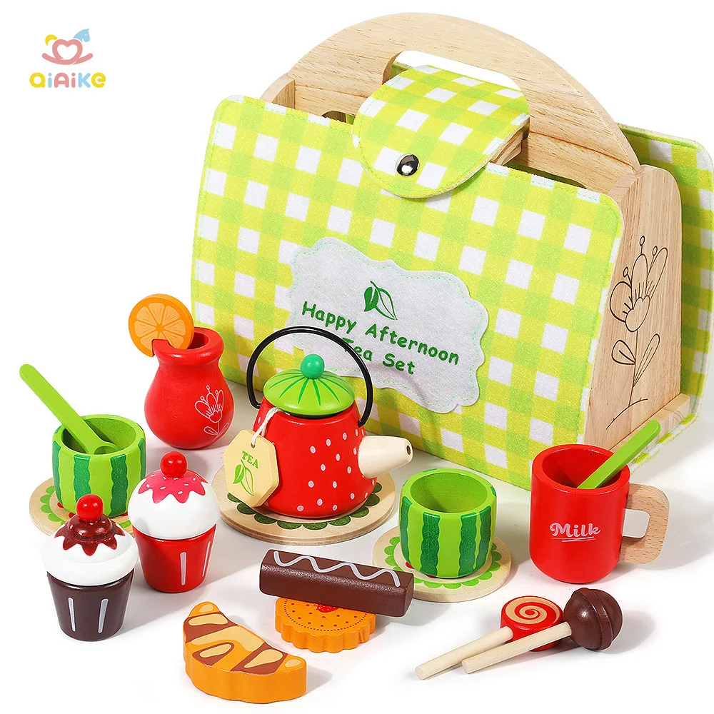 Kids Pretend Play Kitchen Accessories Wooden Tea Party Set Pretend Role Play Kitchen Toy with Carrying Case for Girls Boys 3 Y+