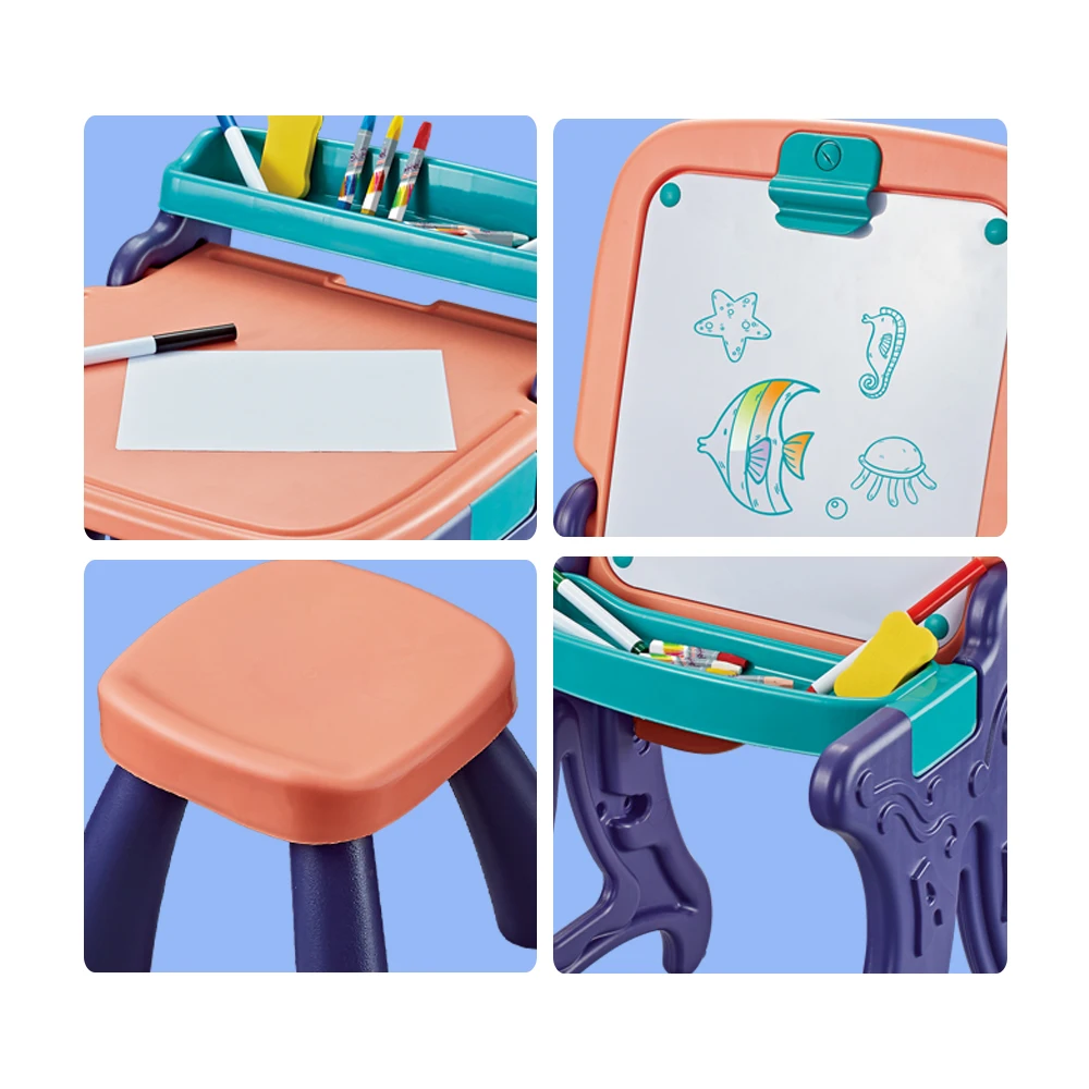 Kids 2 in 1 Multifunctional  Drawing Board Collapsible Educational Learning Table Board Drawing Easel Set with Stool