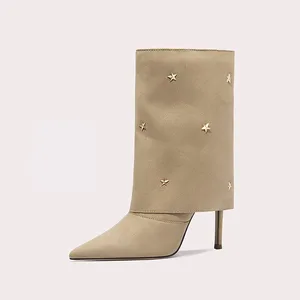 Winter Pointed Toe Slip on Boots Ladies Turned-over Edge Suede Booties Women Stiletto High Heel Shoes