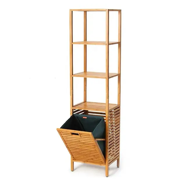 Bamboo Laundry Hamper Dirty Clothes Storage Basket With Lid Liner Tilt-out Bag 3-Tier Shelves Tower Bedroom Bathroom