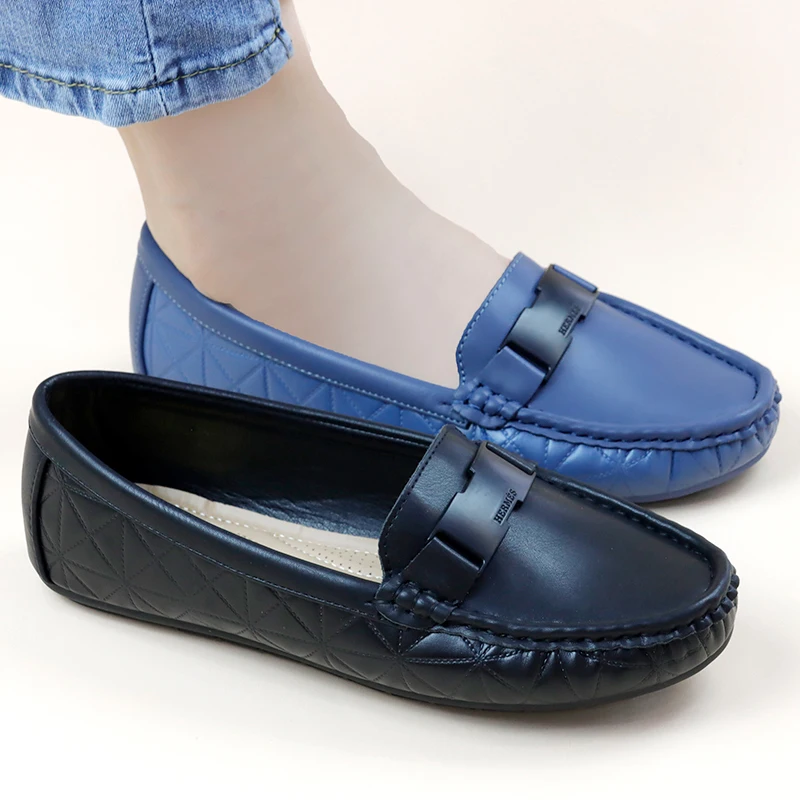 Women Comfortable Leather Flats Shoes Ladies Round Toe Boat Loafer Soft ...