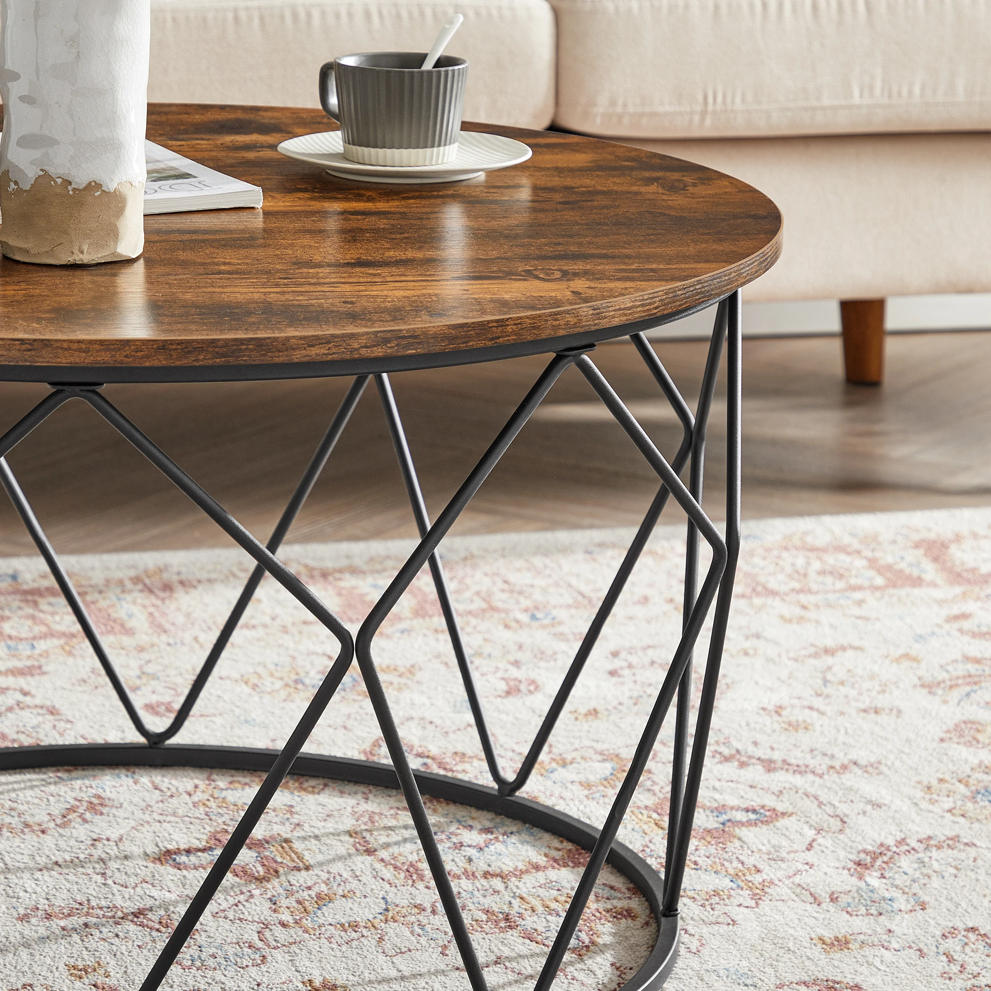VASAGLE Round Coffee Table Wood and Iron with Detachable Desktop Simple Wooden Coffee Table