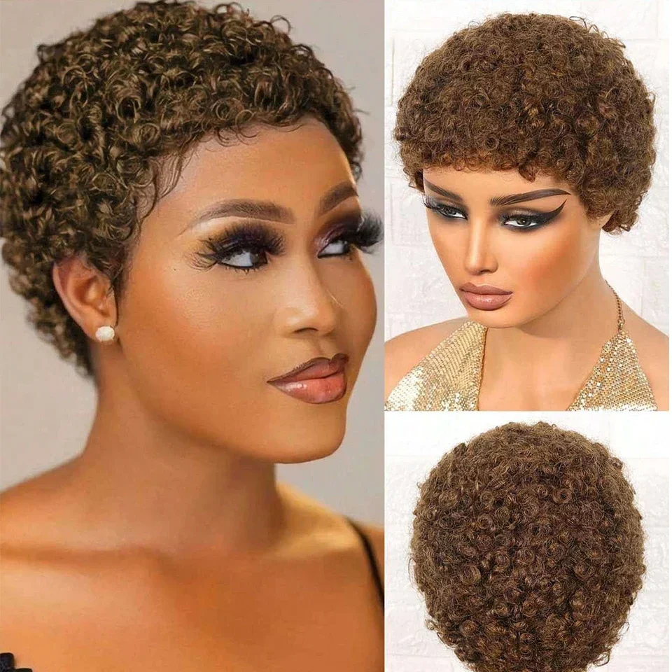 Kurze Afro-Perücke aus gelocktem Echthaar, Pixie-Schnitt, 150 % für Frauen, flauschige Afro-Puff-Perücke aus weichem Remy-Haar_voghion.com