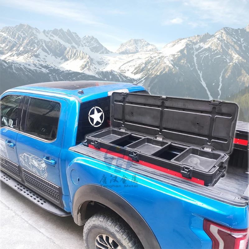 Rotomolded PlaStorage Toolbox with Customized Removable Trays and Wheels and Retractable Handles for Universal Pickup Truck