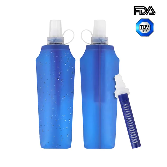 Foldable 0.5L outdoor portable filter water bottle straw water purifier Life survival