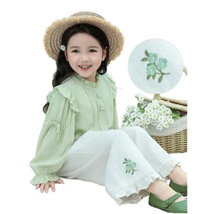 Casual Long Sleeve Shirt Pants Ruffles Bows Toddler Baby Girl Two Piece Set Floral Polyester/Cotton Outfit Clothes