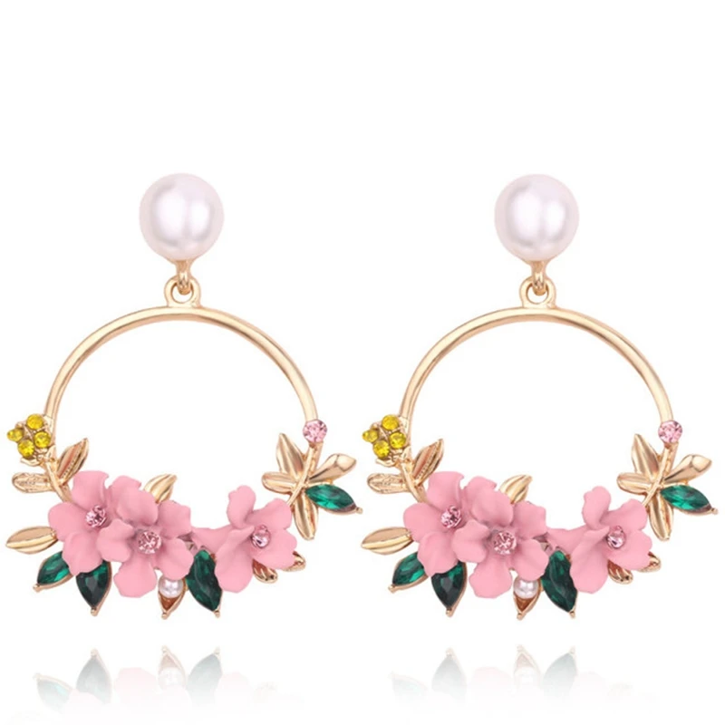 Trendy Gold Metal Round Circle Drop Earrings with Pink Flower