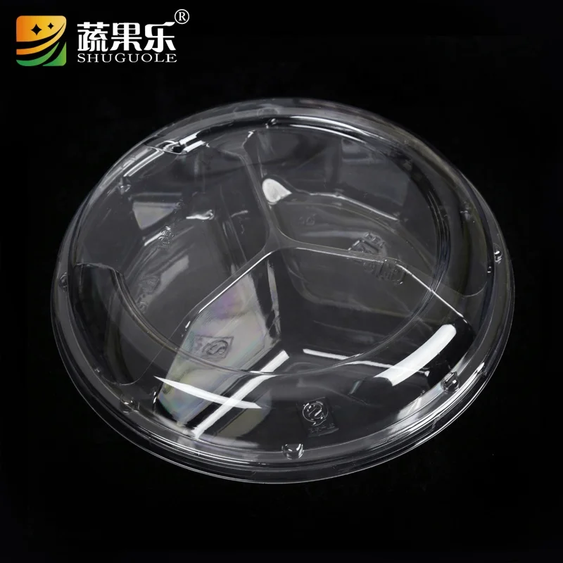 Vacuum Forming Plastic Salad Bowl With Dividers, Round Clear Takeaway Salad Container with 3 Com