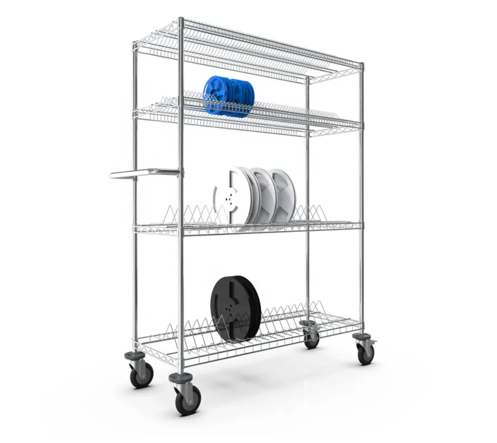 Diy Ajustable Chrome Smt Reel Wire Rack With Wheels Metal Trolley Cart