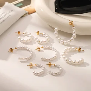 MW French Style Pearl C-shaped Jewelry Earrings Stainless Steel Gold-plated Mini Pearl Women's Gift Hoop Earrings