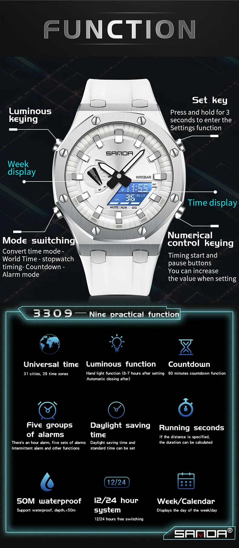 Sanda 3309 Men's Business Fashion Luxury Style Trend Outdoor Digital Watches Luminous Alarm Clock Waterproof Shockproof Watch