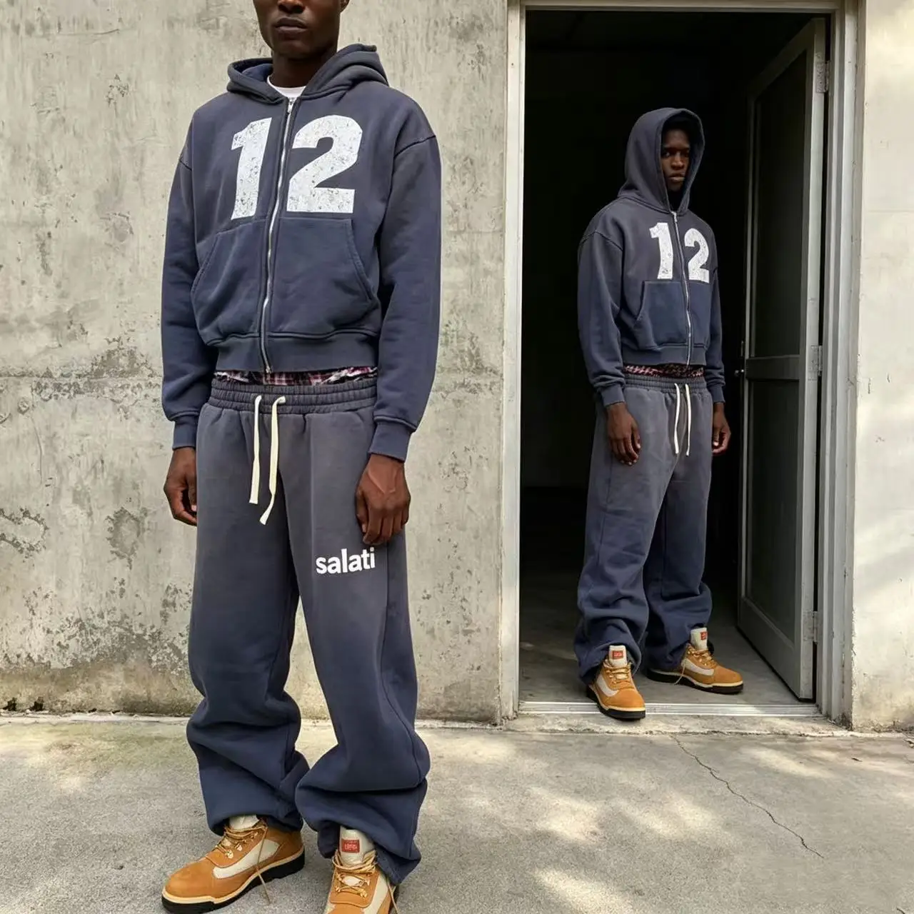 Custom Faded Green Archive Print Men Casual Loose Fit Sweat Co Ord Heavyweight Fleece Quick Dry Drawstring Wide Leg Streetwear gallery 2