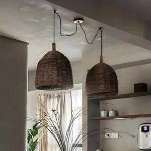 Japanese Retro Pendant Light Wabi-Sabi Style Long Rattan Lamp for Restaurant Tea Room Zen Homestay Bedroom Adjustable Height AC