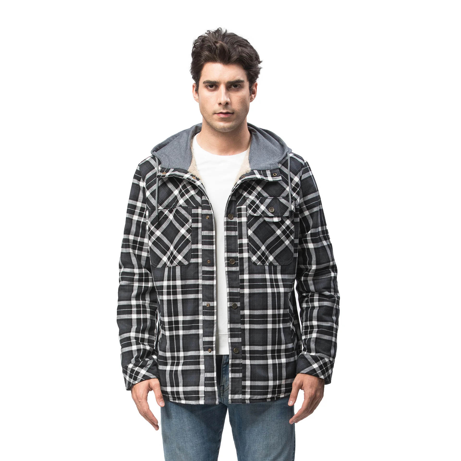 Fashion Mens Plaid Fur Lined Hoody 