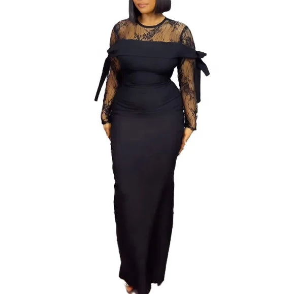 Elegant Black Long Gown with See Through Lace Sleeves for Women - Stylish  Party Dress for Nightclub Events