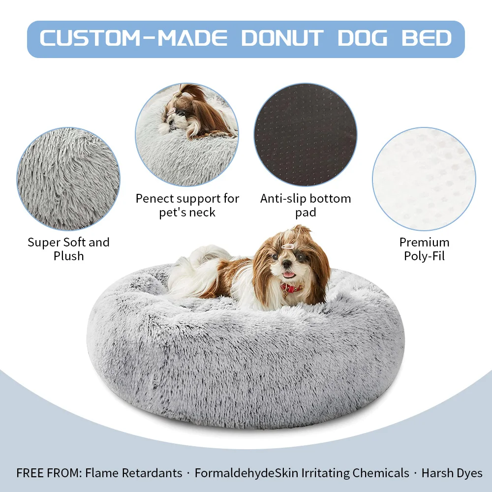 Wholesale calming washable luxury soft round plush dog bed donut cat pet bed manufacture