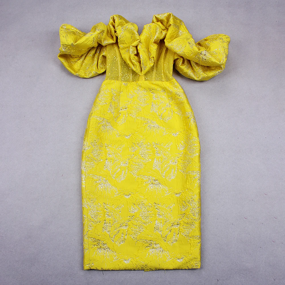 Fashion Yellow Women Party Dresses Floral Jacquard Lady Off Shoulder ...