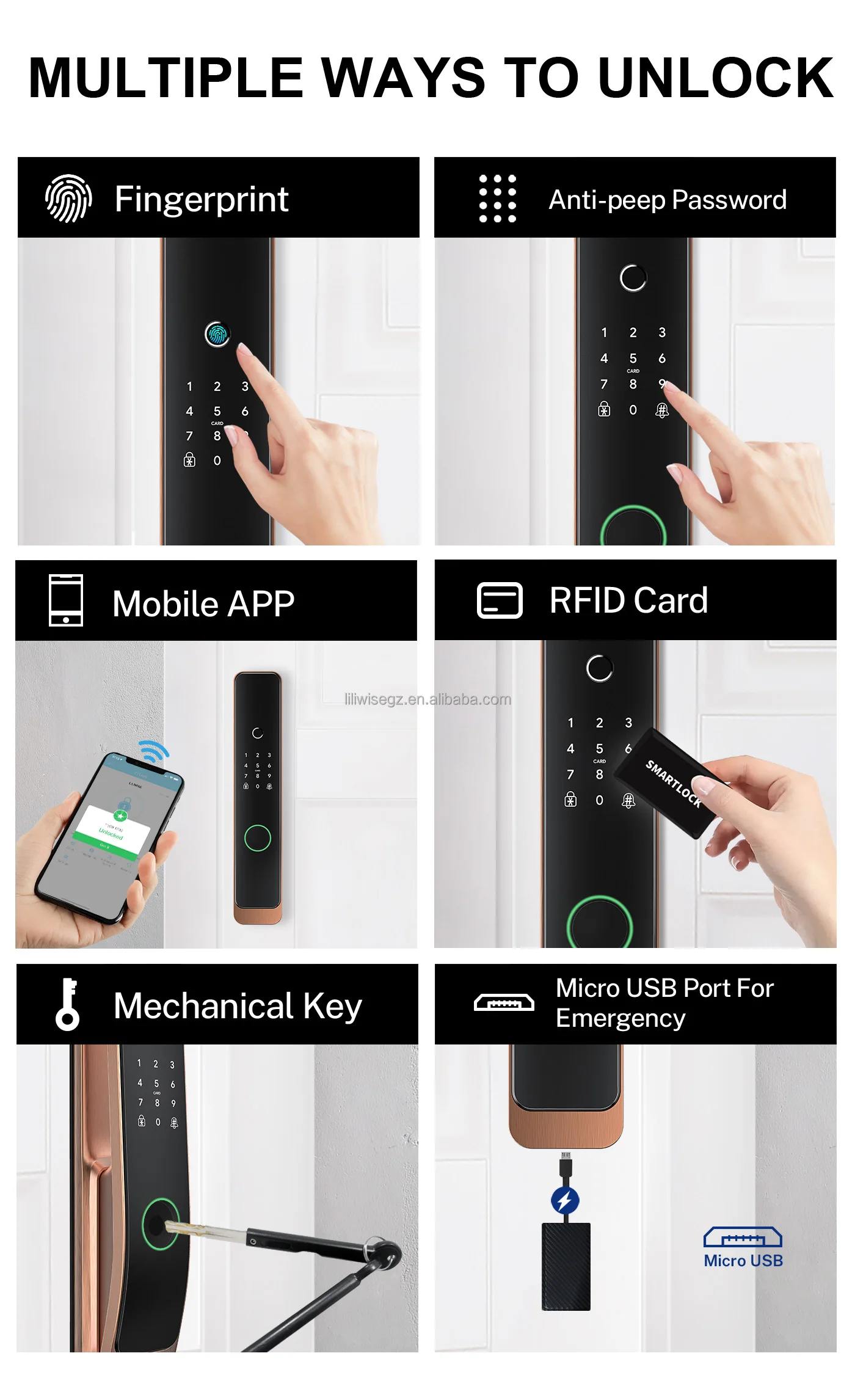 Liliwise High Security Smart Door Lock with Biometric Fingerprint and Tuya WiFi Suitable for 35~60mm Door Thickness