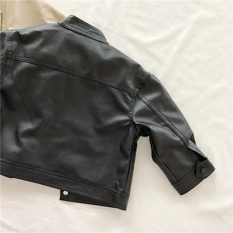 Q30727 Toddler Girls 2 - 9 Years unisex Pocket Cropped Fox Leather Jacket outwear kids PU coat Shirt Crop