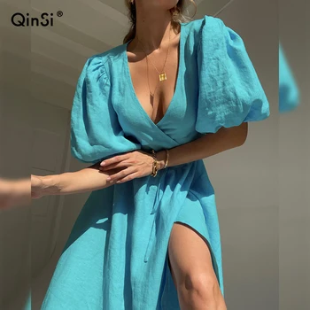QINSI Black High Waist Sexy Midi Dress 2022 Chic Women Elegant Short Puff Sleeve A-Lin Dresses V Neck Summer Long Wrap Dress