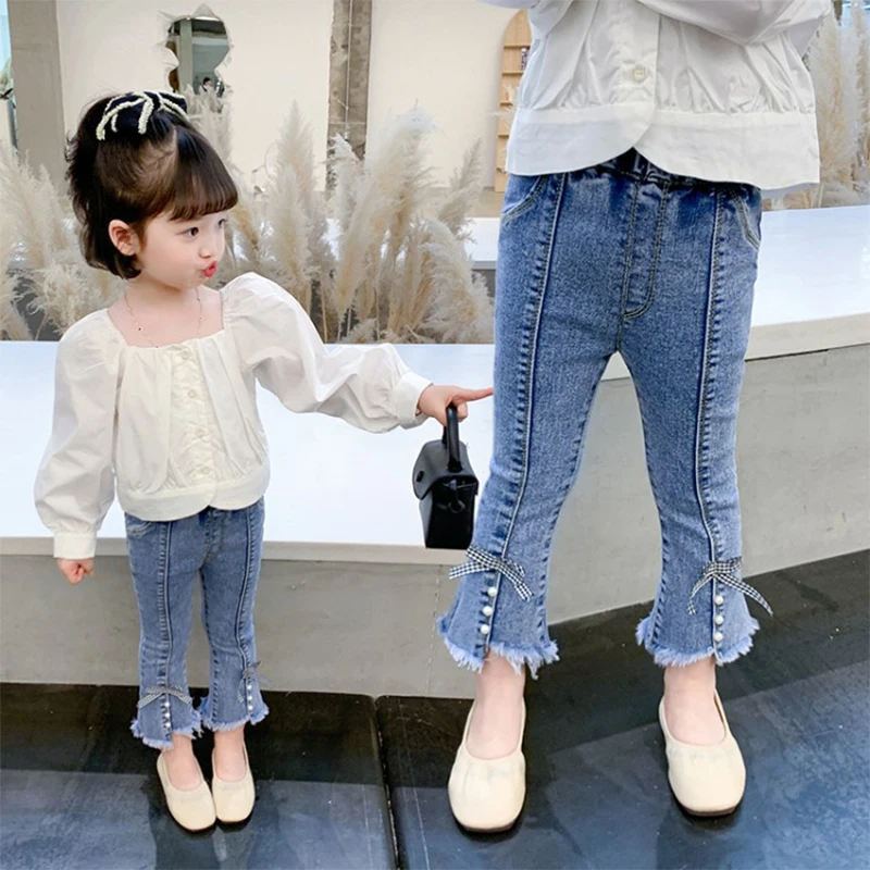 Wholesale Elastic Jeans 1-6Y New Style Children Casual Wide-leg Girls Flared Pants Long Pants With Pearls Beads