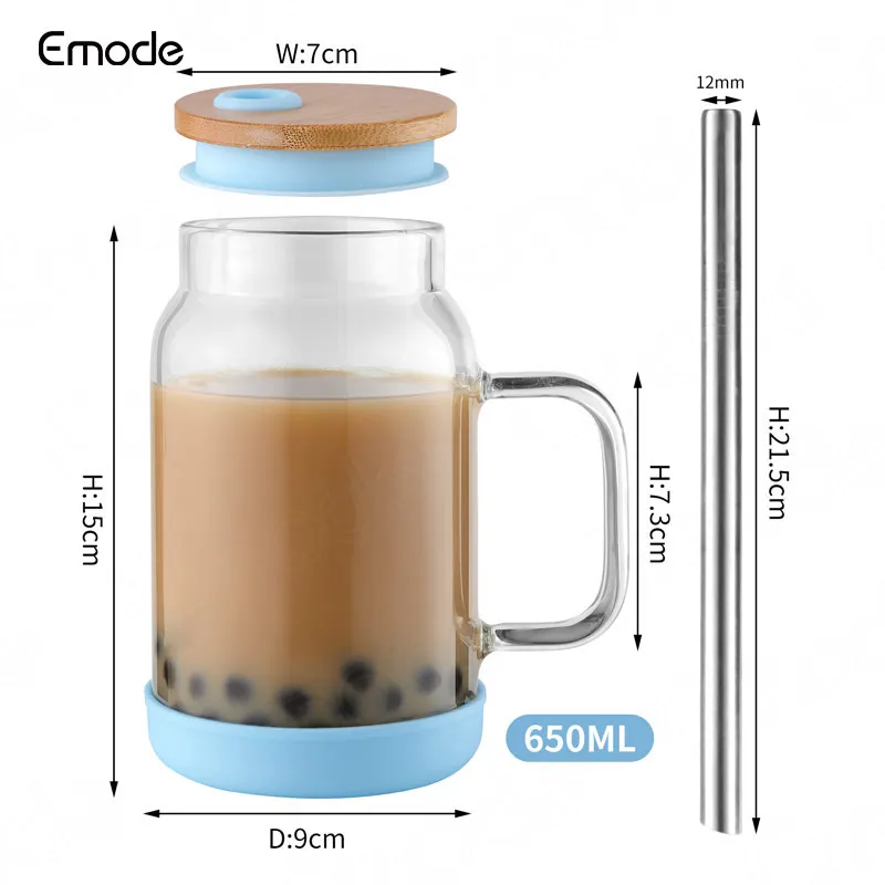 Hot Selling Reusable Transparent Custom Glass Coffee Cups With Straw and Lids Boba Milk Tea Cup