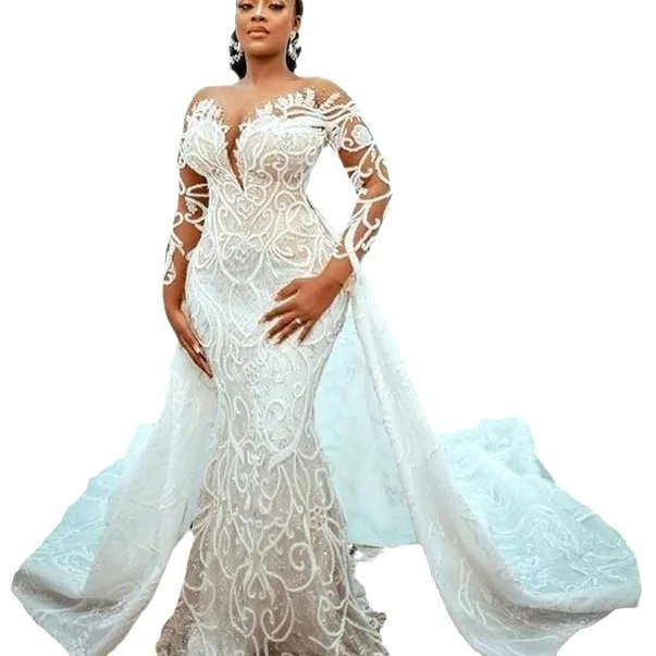 AL1802 2024 Custom Made White Rhinestone Silver Wedding Gown for Bride Elegant Two in One Mermaid Wedding Dress