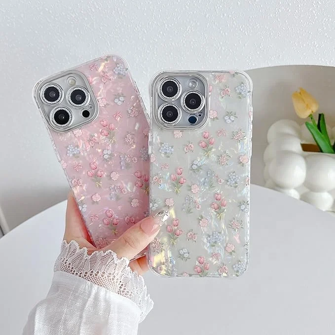 Laudtec Cute Tulip Flowers Bow Shell Pattern Phone Case For Iphone 16 15 14 13 12 11 pro max Soft TPU Shockproof Cover Case