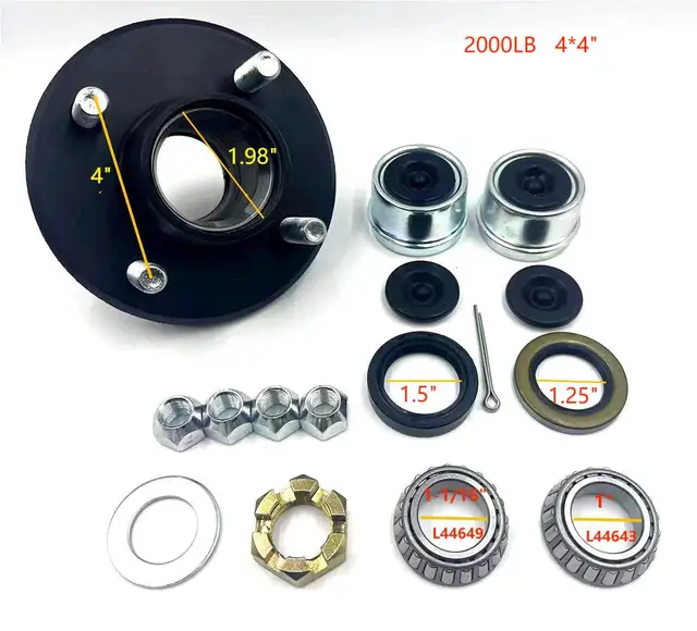 Trailer Hub Kit 4 Bolt 4, Trailer Axle Kit for 2000 lb 4 Lug Trailer Hub Fits 1" and 1-1/16" Spindle with Extra Dust Cap and Rub