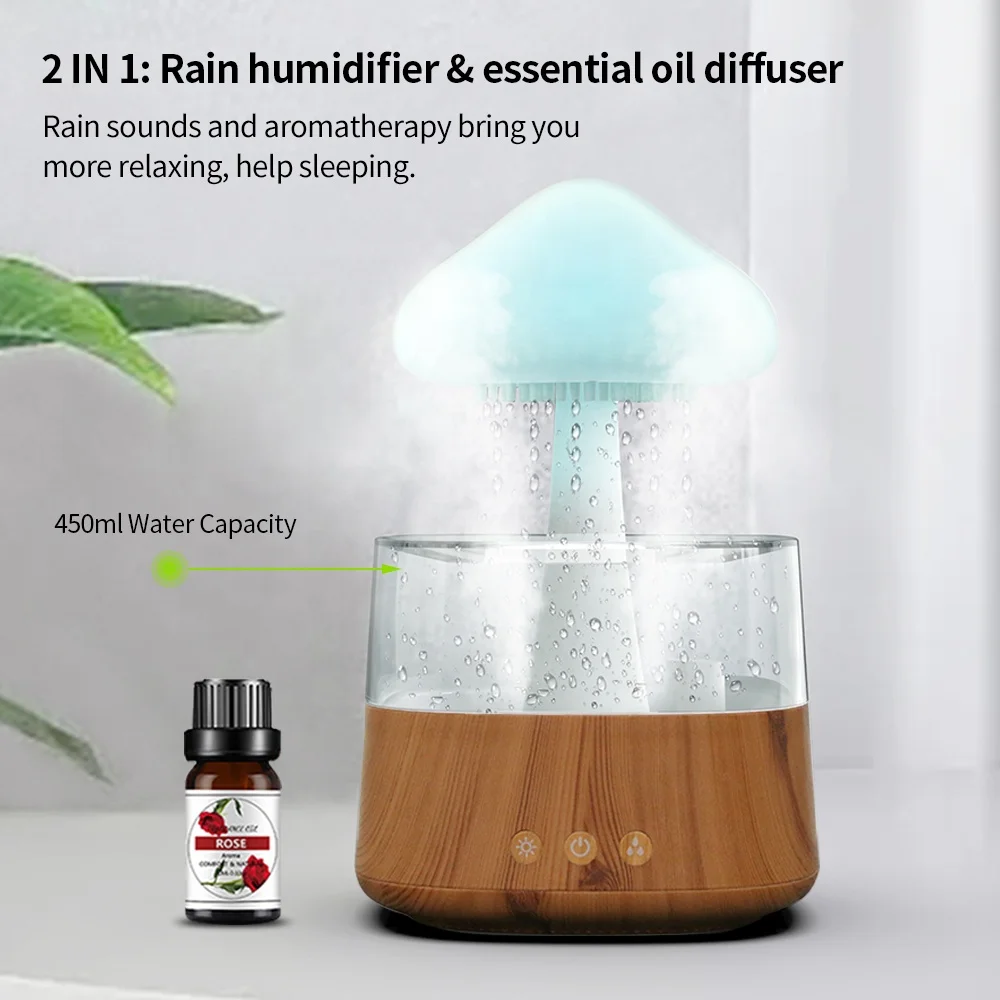 Wood Mushroom Rain Cloud Humidifier With 7 Color Led Light air Mushroom Humidifier Rain Cloud Water Drop Oil Aroma Diffuser