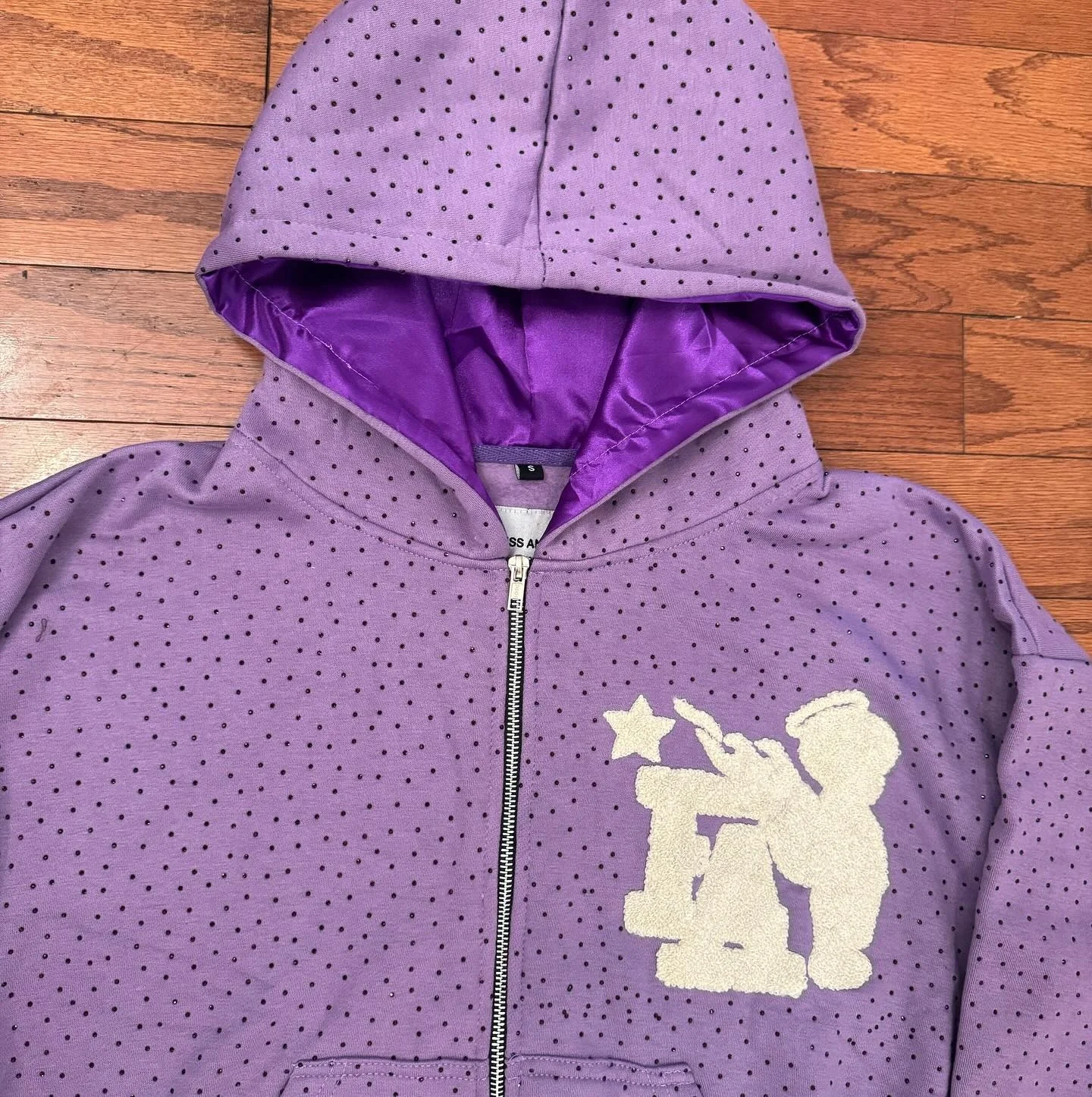 Custom Hoddie Manufacturer Men Oversized Zip up Heavy Crystal Silk Hood Chenille Embroidery Satin Lined Rhinestone Hoodie Unisex gallery 2
