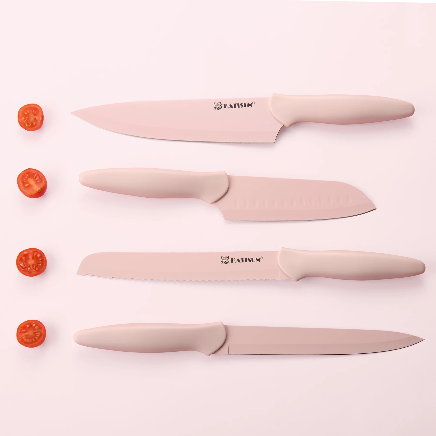 Set di 7 coltelli da cucina in acciaio al carbonio con codifica rosa, con forbici e foderi_voghion.com