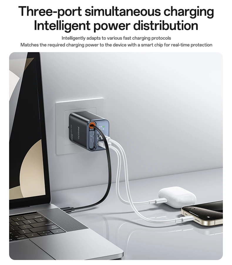 Yesido GaN 67W Fast Charging Three Ports Built-in 65CM Retractable Cable UK Plug Travel Charger YC146